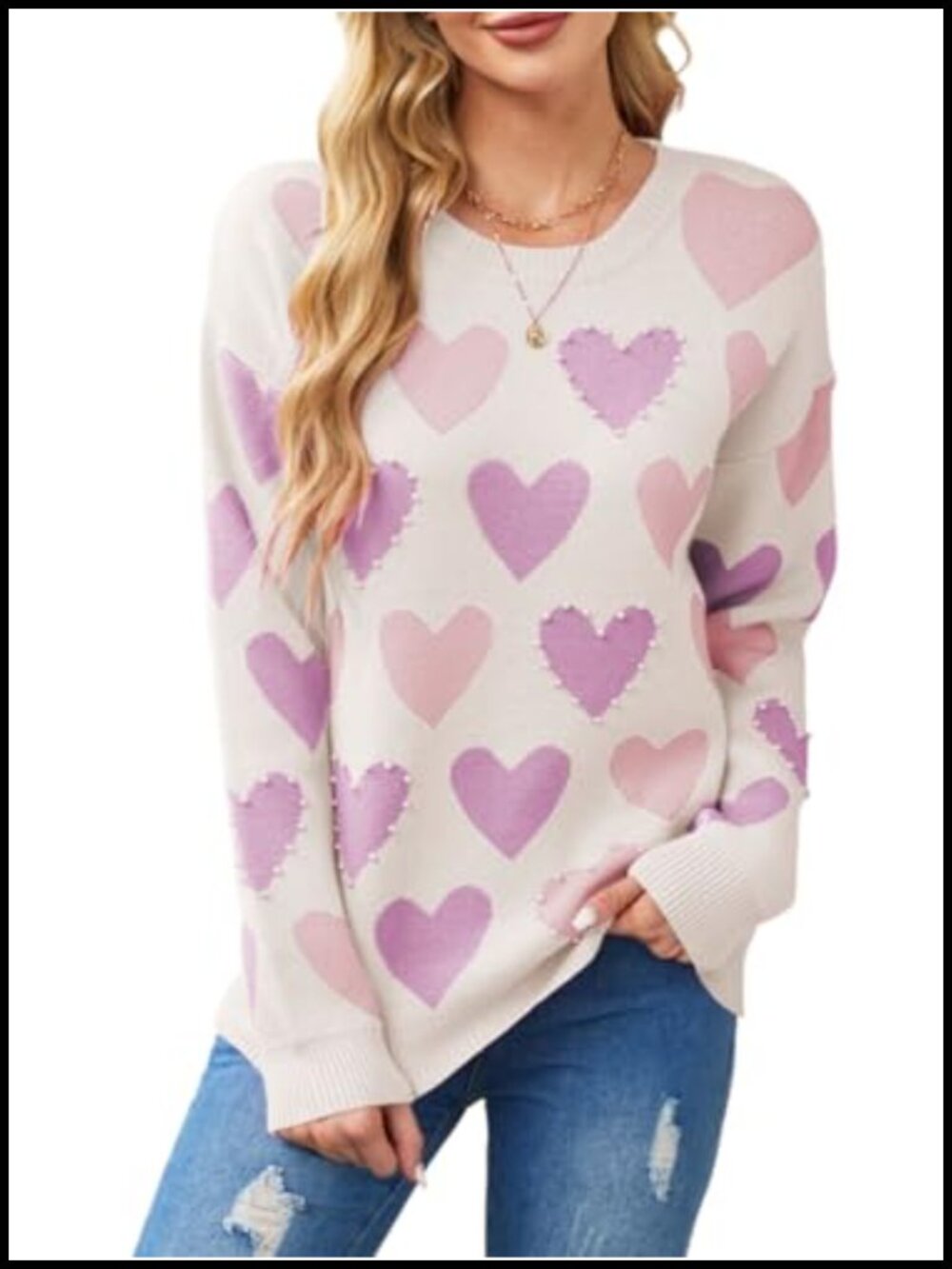 Cute Heart Print Loose Fit Crew Neck Knit Pullover Sweater